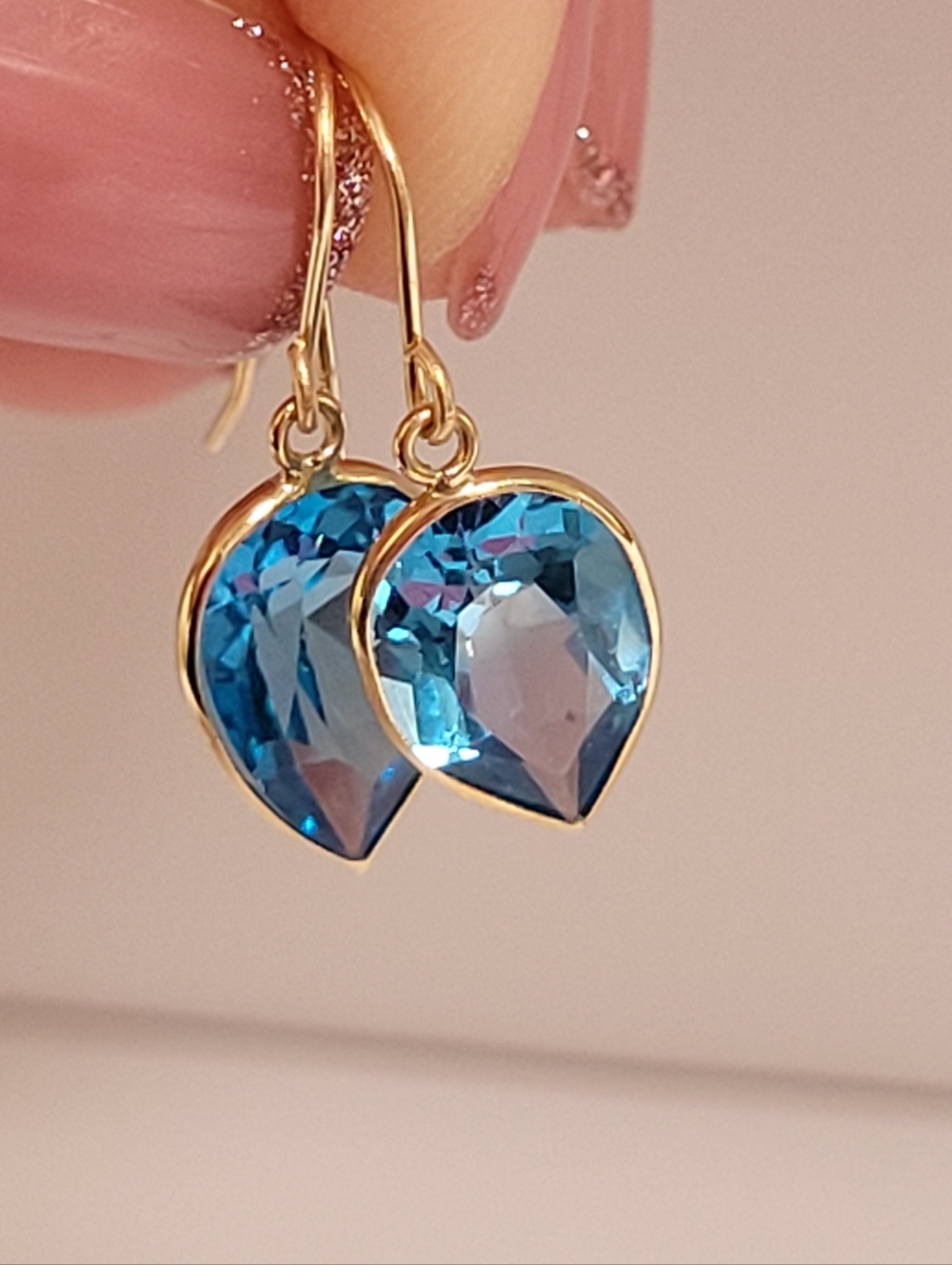 10k Solid Gold Teardrop Blue Topaz Earrings, 4.10 Carats, Appraisal.